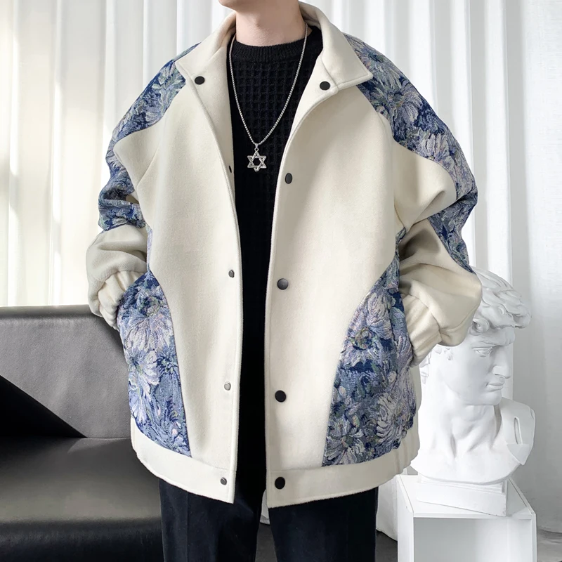 2024 Autumn And Winter Single breasted buckle coat  Men's Fashion thick jackets men printing flower Warm Jacket Large Size G507