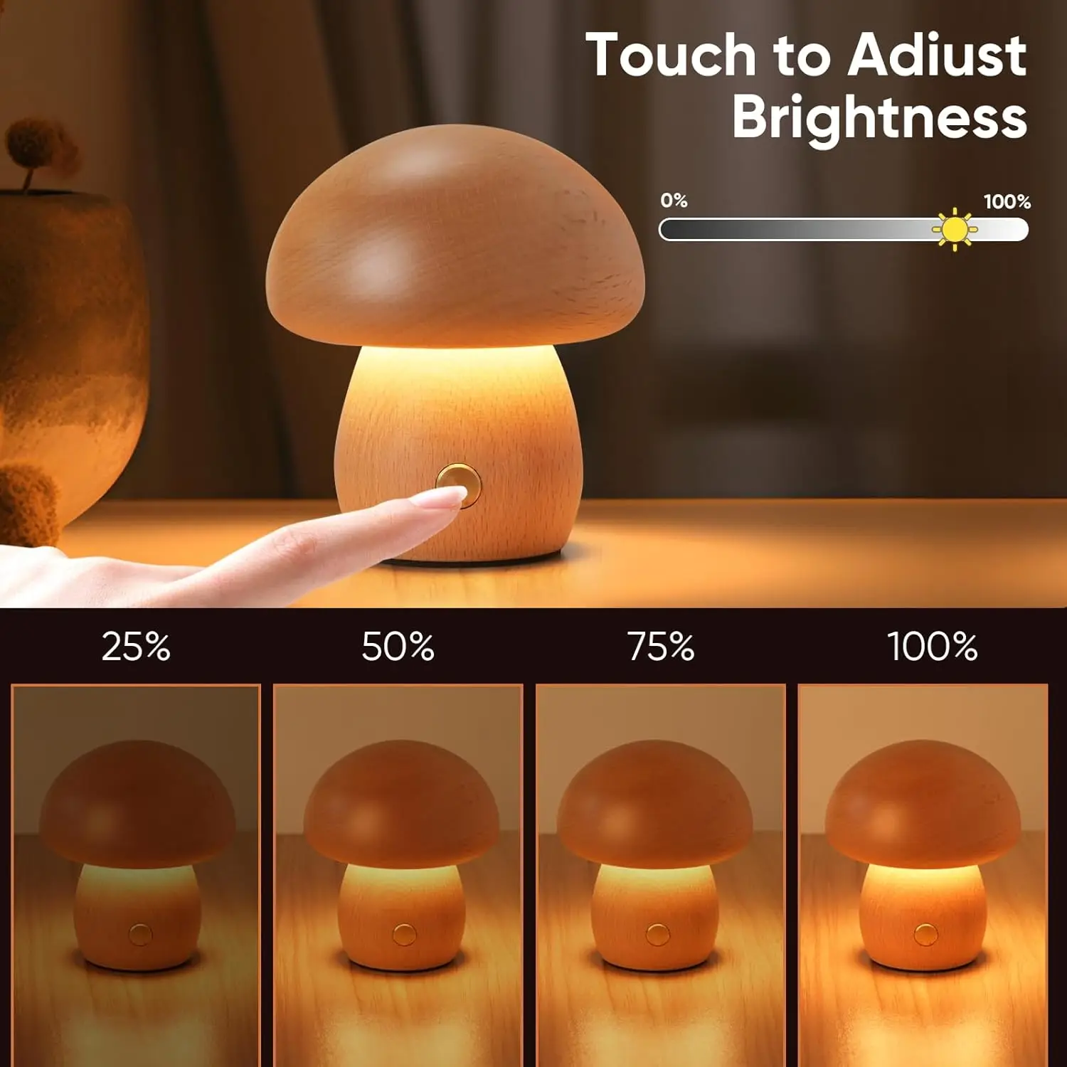 Mushroom LED Night Light Dimmable Wooden Bedroom Bedside Table Lamp with Touch Switch Room Decoration Lighting Chargeable