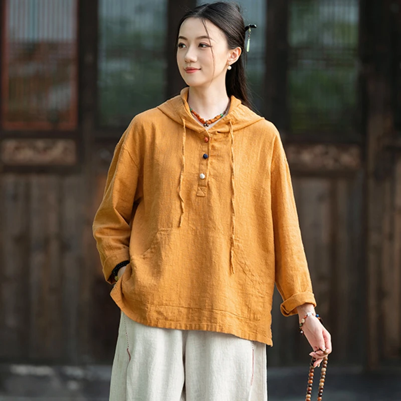 Femmes coton lin décontracté sweats à capuche nouveauté 2025 automne Style Vintage couleur unie femme à manches longues pulls à capuche M1838