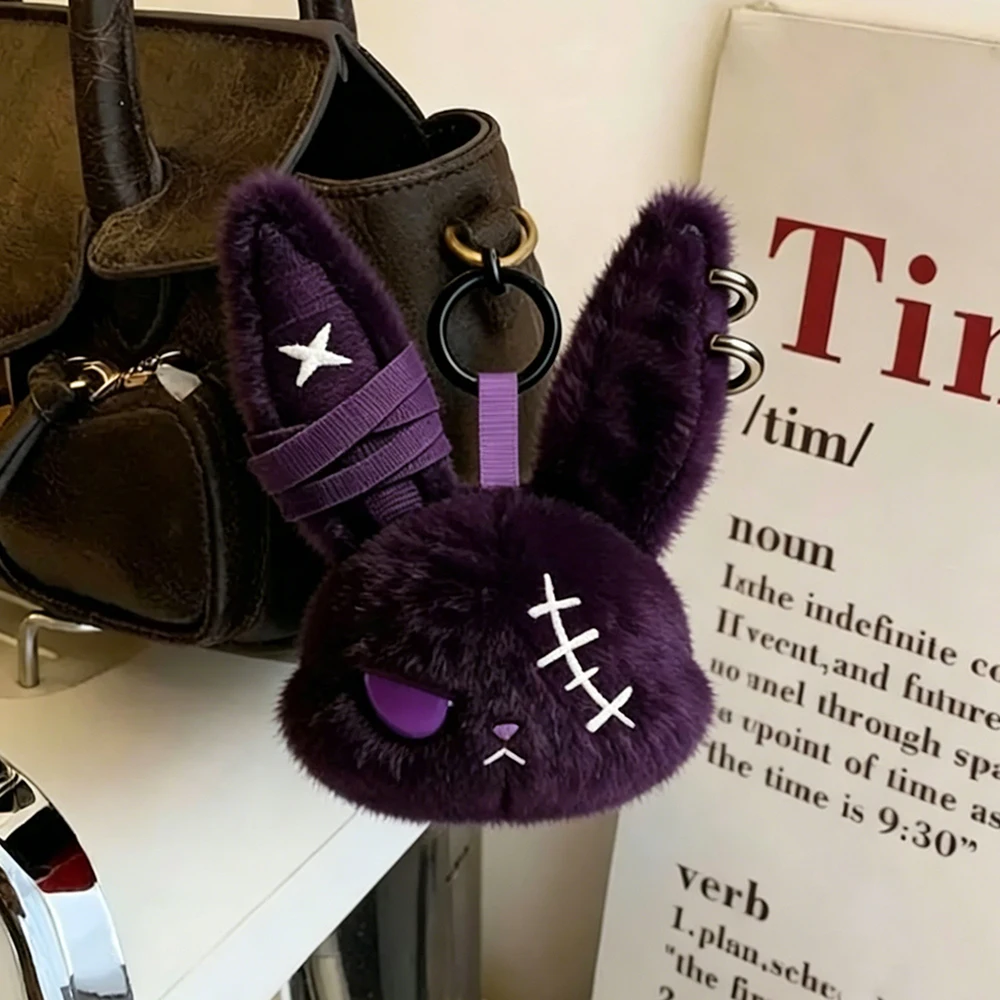 Gothic Bunny Plush Keychain RabbitBag Charm with Bandage Desian Kawaii Key Ring Pendant Car Bag Ornament Gift To