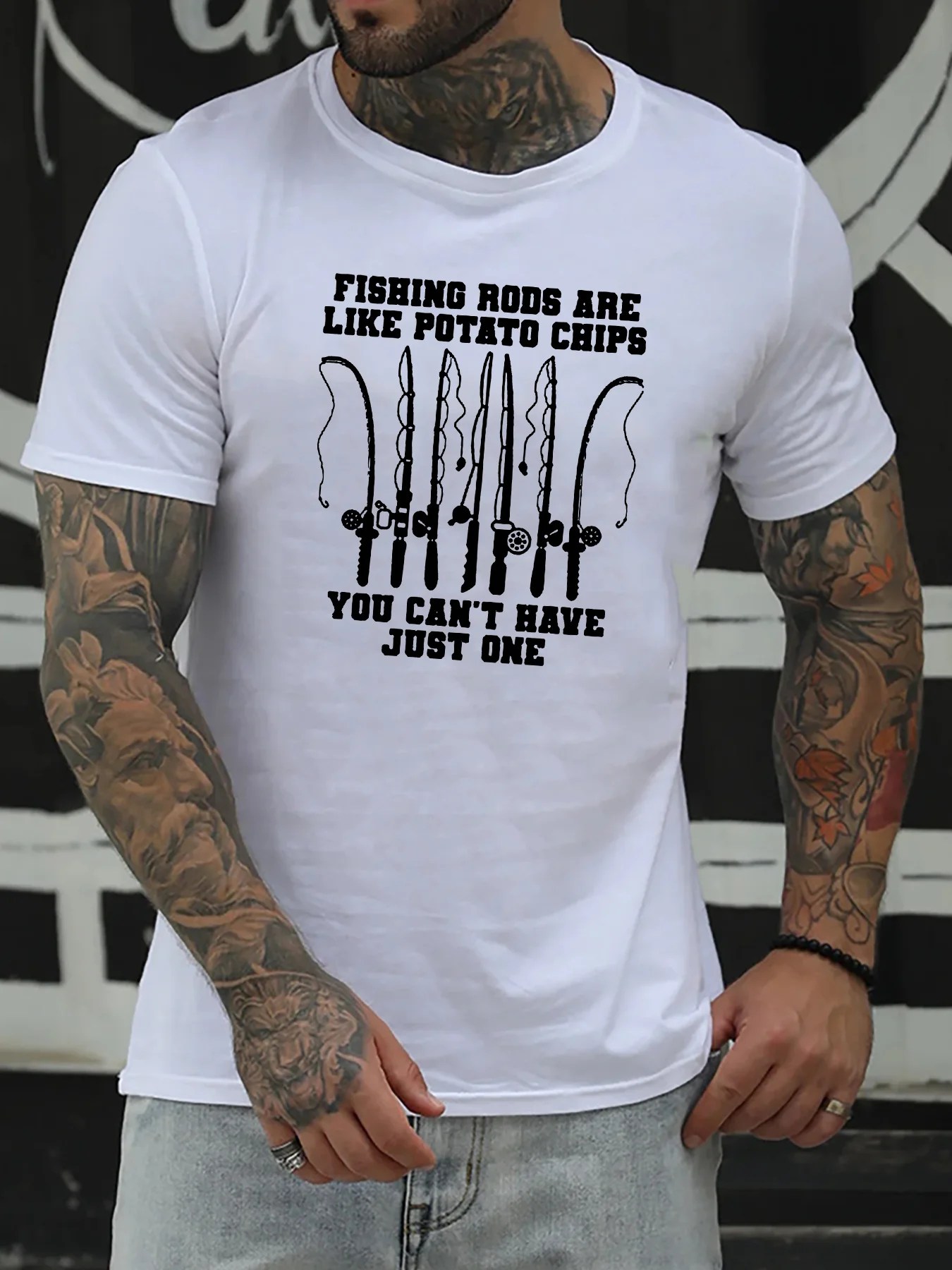 

Fishing Theme Print Tee For Men, Casual Crew Neck Short Sleeve T-Shirt, Comfy And Breathable Top For Summer