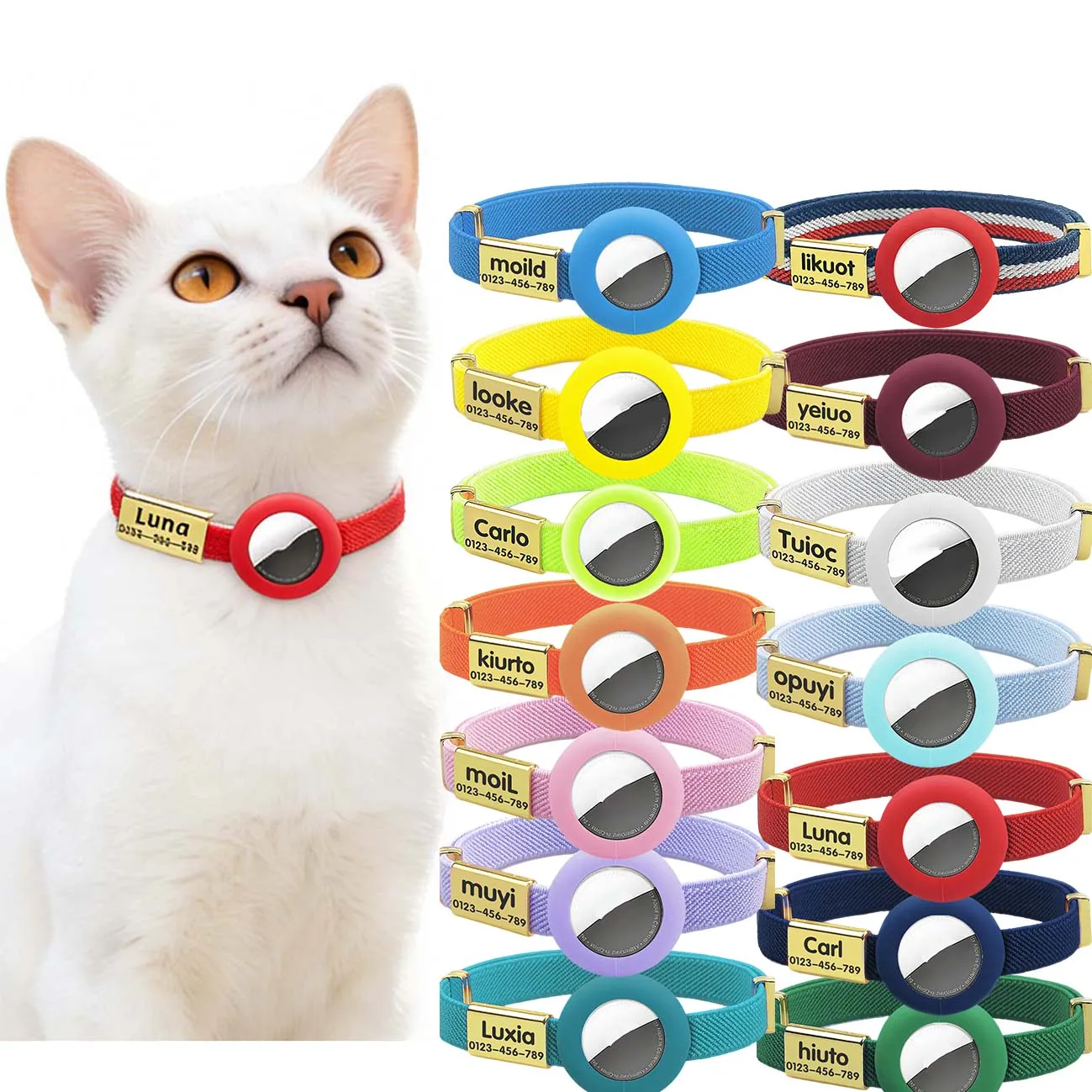 Weißes Katzenhalsband mit Anpassbarem Namensschild, Haustier-ID-Halskette für Welpen, Elastisches GPS-Tracker-Halsband für Kätzchen mit AirTag-Halter – Detail 7
