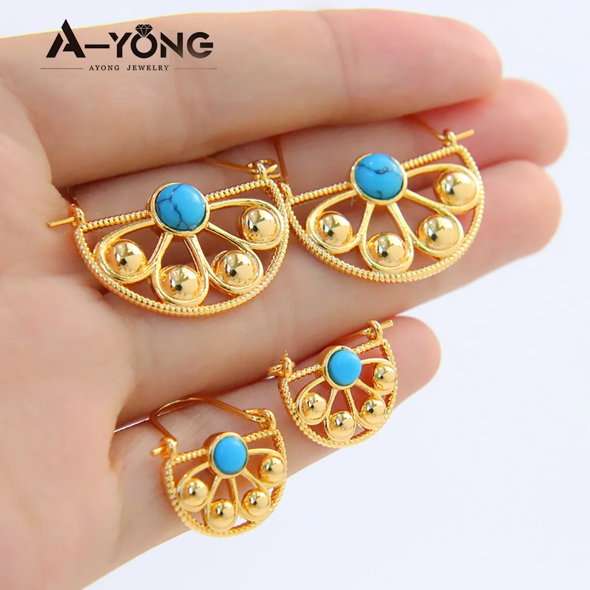 Semi-circle Vintage Dangle Earrings for Women 18k Gold Plated Blue Stone Drop Earring Turkish African Bridal Wedding Jewelry