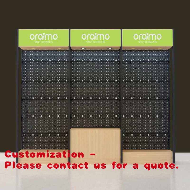 

Стеллаж для демонстрации аксессуаров для телефонов из металла и дерева, напольный, с перфорированной панелью, для индивидуальной настройки.