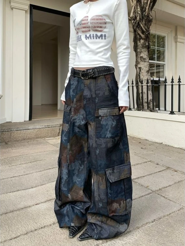 Jeans da lavoro multitasche con giunture mimetiche di nuovo stile da strada retrò per donna Pantaloni casual larghi dritti a gamba larga americani
