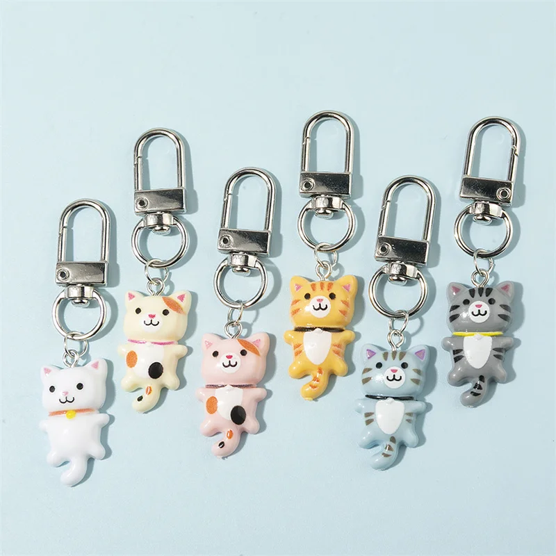 6pcs/set Cute Colorful Resin Cat Keychains Kawaii Cartoon Animal Backpack Pendants Sweet Car Keychain Keyring for Jewelry Gift