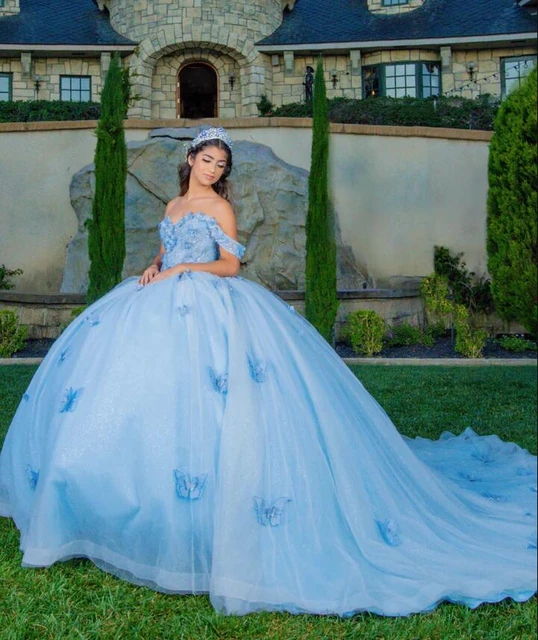 Seafoam Blue Butterfly Quinceanera Dresses Princess Off Shoulder Cathedral  Train Lace-up Corset vestidos de 15 años - AliExpress