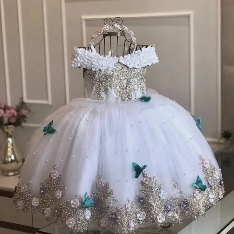 Vestidos de princesa con hombros descubiertos, encaje, mariposas, flores, vestido de fiesta de primer cumpleaños, regalos de comunión para niñas pequeñas