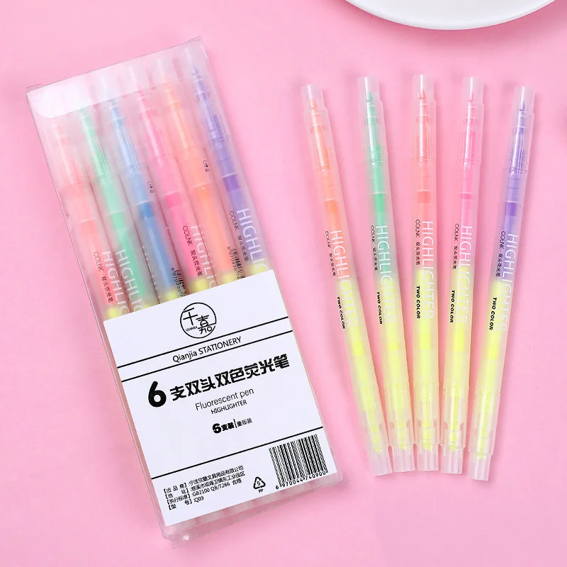 6 Pieces/Set Highlighter Marker Pen Creative Double-Headed Highlighter Students Highlight Key Sentence Marker Color Oblique Head