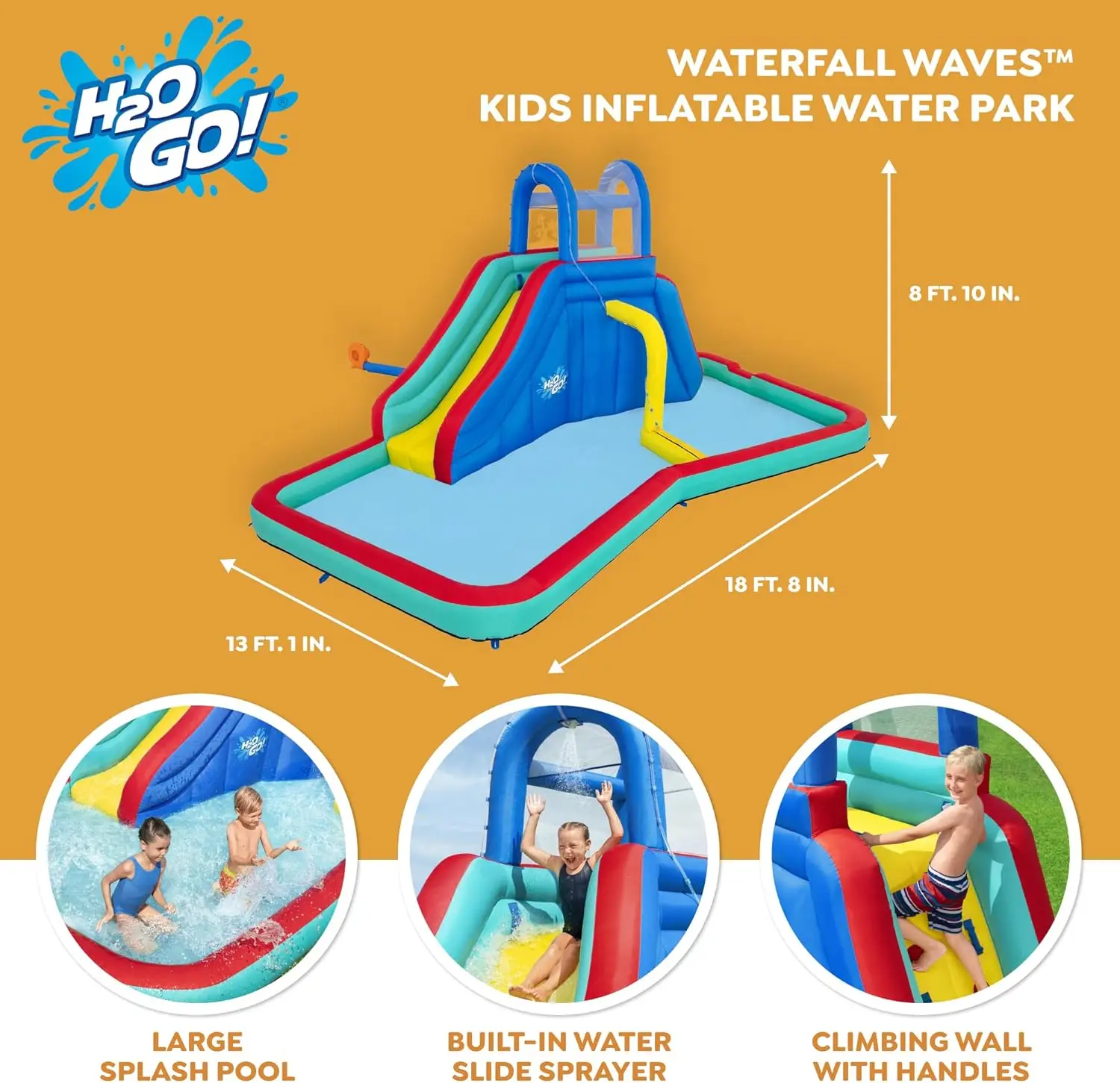 Waterfall Waves Mega Water Park | Inflatable Slide and Pool Fits Up to 6 Children