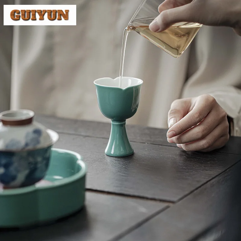 2pcs/et Luxury Turquoise Green Teacup High Foot Single Cups Personal Cup Kung Fu Tea Household Cha Accessories Collection 50ml