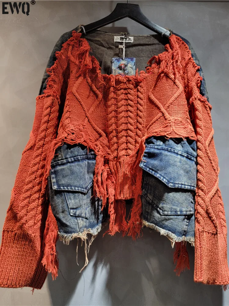 [EWQ] Vintage denim zakken met lange mouwen Patchwork V-hals Oranje-rode trui Losse tops Oude ontwerpen Dames trui gebreid 6U1329