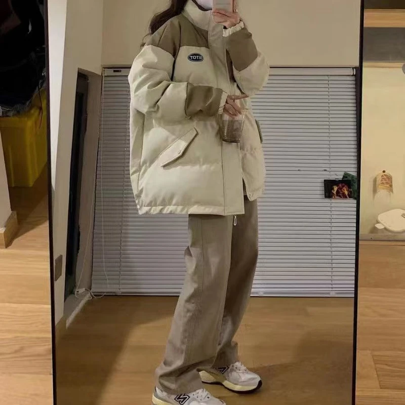 Fashion Korean Collision Color Stand Collar Women Parkas Winter New Students Loose Splicing Cotton Jacket Coat Female