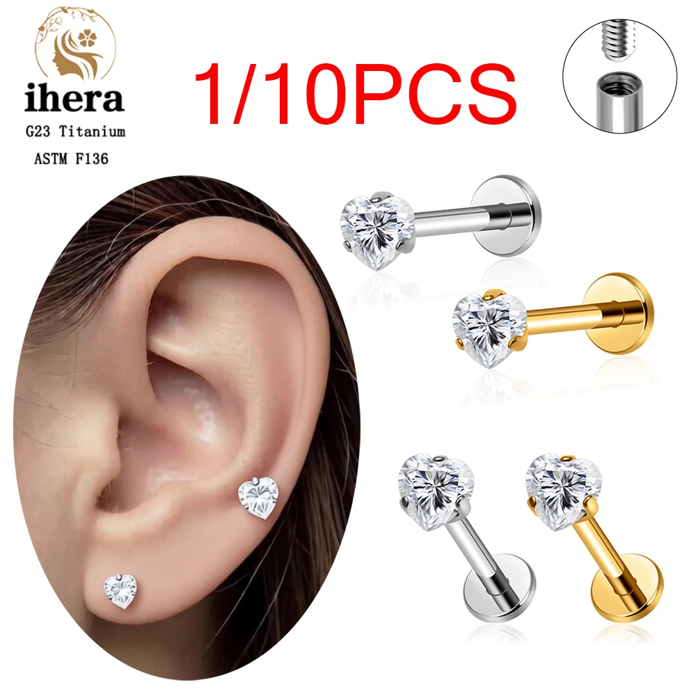 

1/10PCS ASTM F136 Titanium 16G Heart CZ Earring Studs Flat Back Labret Lip Stud Ear Nose Cartilage Tragus Helix Piercing Jewelry