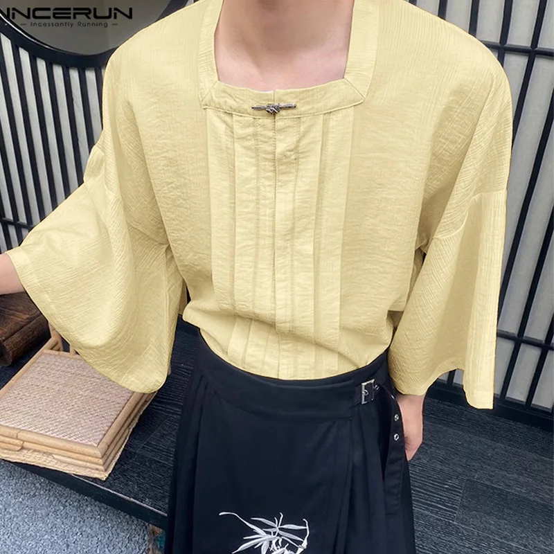 

Fashion Well Fitting Tops INCERUN New Men's Drape Pleated Cropped Sleeves Shirts Casual Hot Sale Loose Square Neck Blouse S-5XL