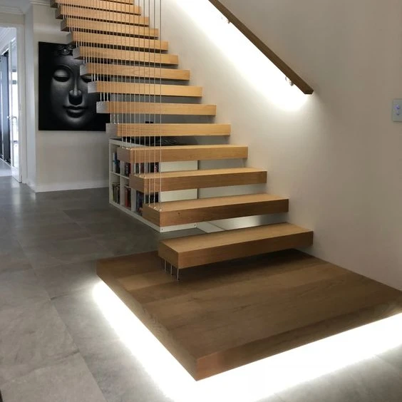 Customization Prefabricated Apartment Building Wood Stairs Design Indoor Wood Tread Floating Stairs