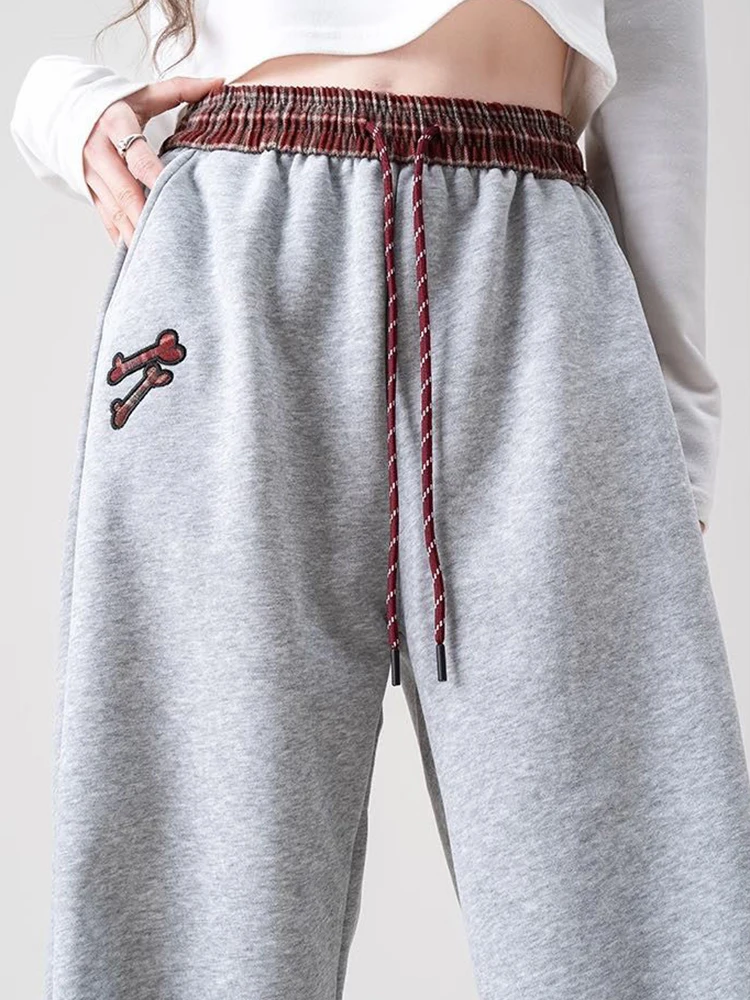 韓国スポーツ子犬刺繍ワイドレッグパンツ女性パッチワーク甘い初秋ズボン原宿ルーズカジュアルレースアップパンツ