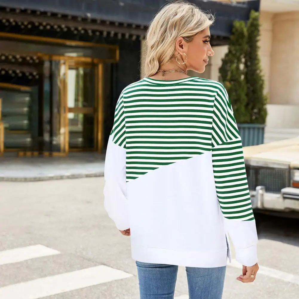 Striped T-shirt Striped Print Women's Pullover with Split Hem O Neck Casual Daily Commuting T-shirt for Spring Fall Women