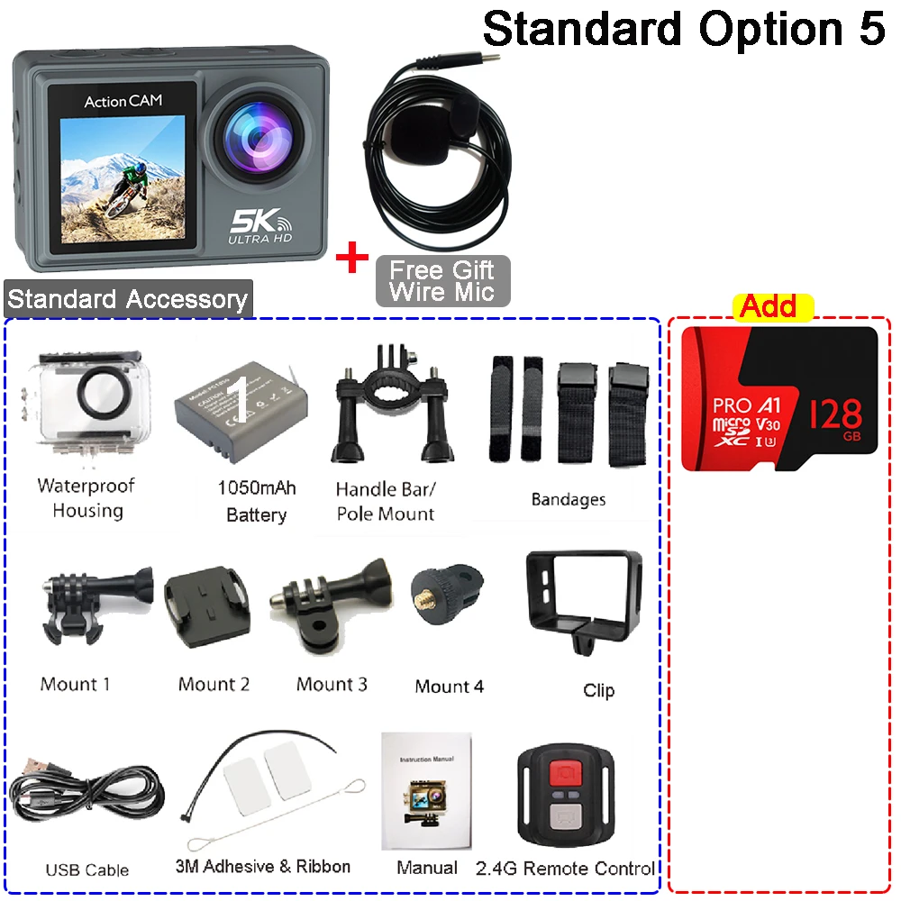 5K 4K60FPS actiecamera Dubbele IPS Touch LCD DVR EIS 170 °   30M waterdichte 5-x zoom sportcamera met draadloze microfoon en afstandsbediening