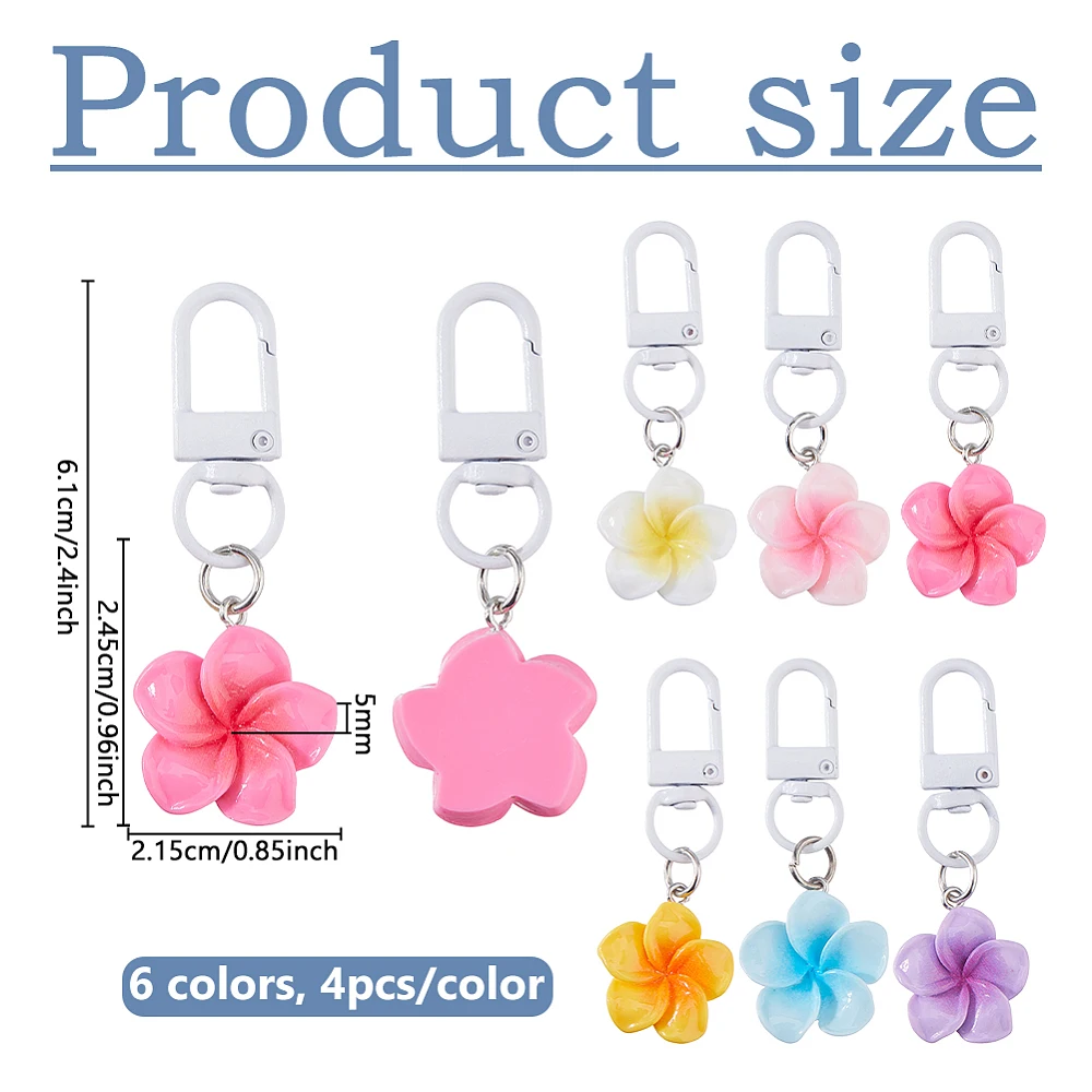 24Pcs Frangipani Flower Keychain for Women 6.1cm Resin Flowers Purse Charms Bulk Small Zipper Pull Charm White Alloy Keirings