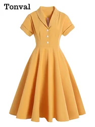 Tonval Turn Down Collar Button Up Yellow Elegant Women Summer Dress 1950S Vintage Style Ladies Plain Midi Swing Dresses