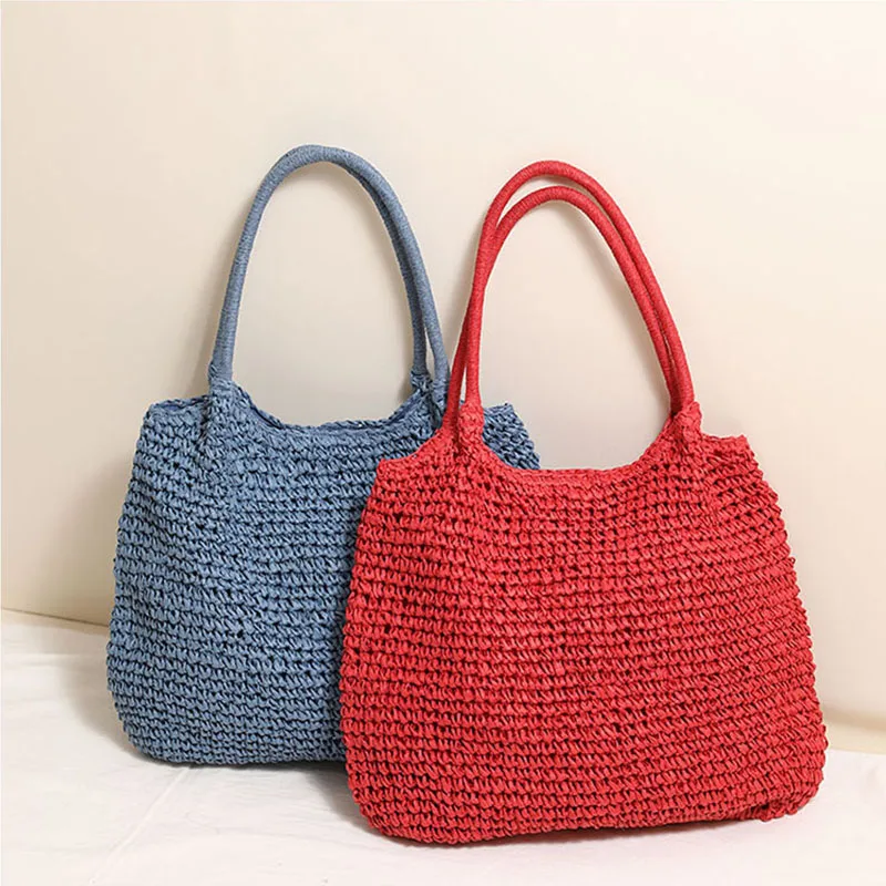 Fashion Straw Tote Bag Woven Solid Color Beach Bag Large Capacity Square Casual Shoulder Bag Women Handbag