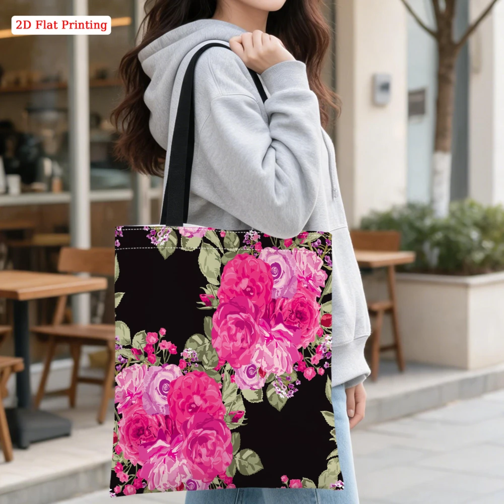 1pc Floral Print Shoulder Bag Black Rose Pattern Tote Bag For Shopping Travel Daily Use Large Capacity Storage Women Girls Light