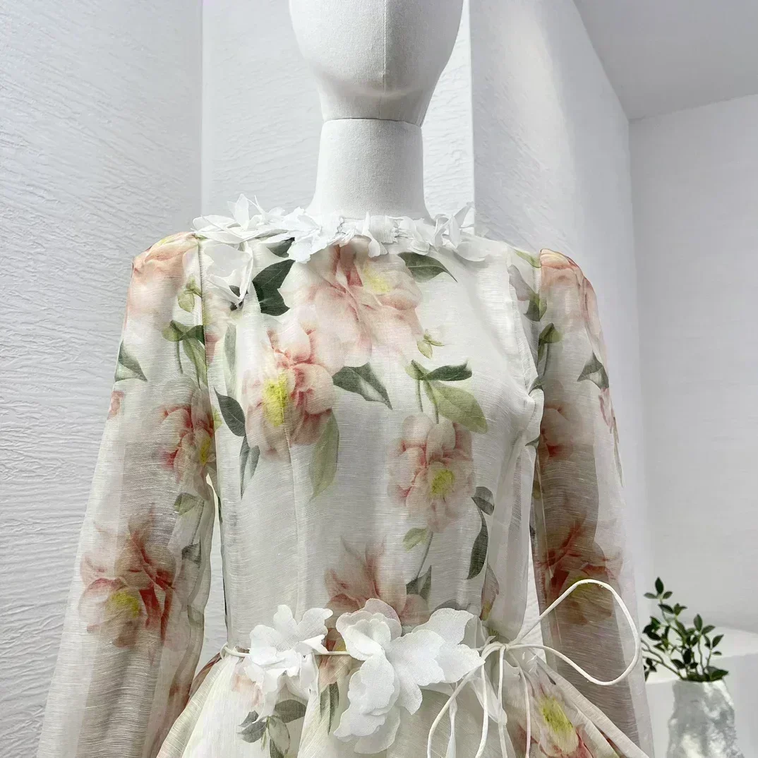 2024 New Summer White High Quality Linen Silk long Sleeve Floral Print 3D Flower Decoration Women Elegant Mini Dress