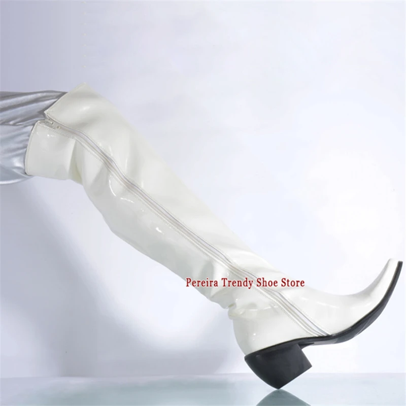 Men's Black White Patent Leather Over The Knee Boots Pointed Toe Side Zipper Thick High Heel Long Tube Boots Nightclub Shoes