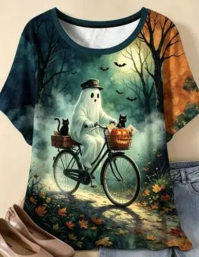 Women Halloween Ghost Riding Bicycle Black Cat Print Ringer T‑Shirt Autumn Forest Bat O‑Neck Short Sleeve Holiday Tops