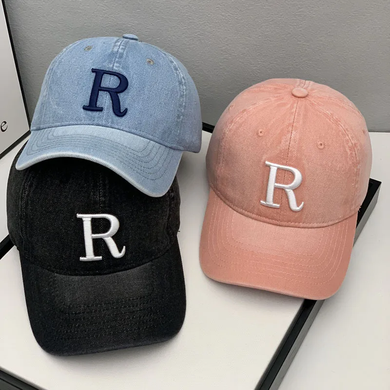 Unisex R Letter Baseball Cap Snapback Bone Women\'s High-end Denim Soft Top Baseball Cap Small Men\'s Cowboy Hat