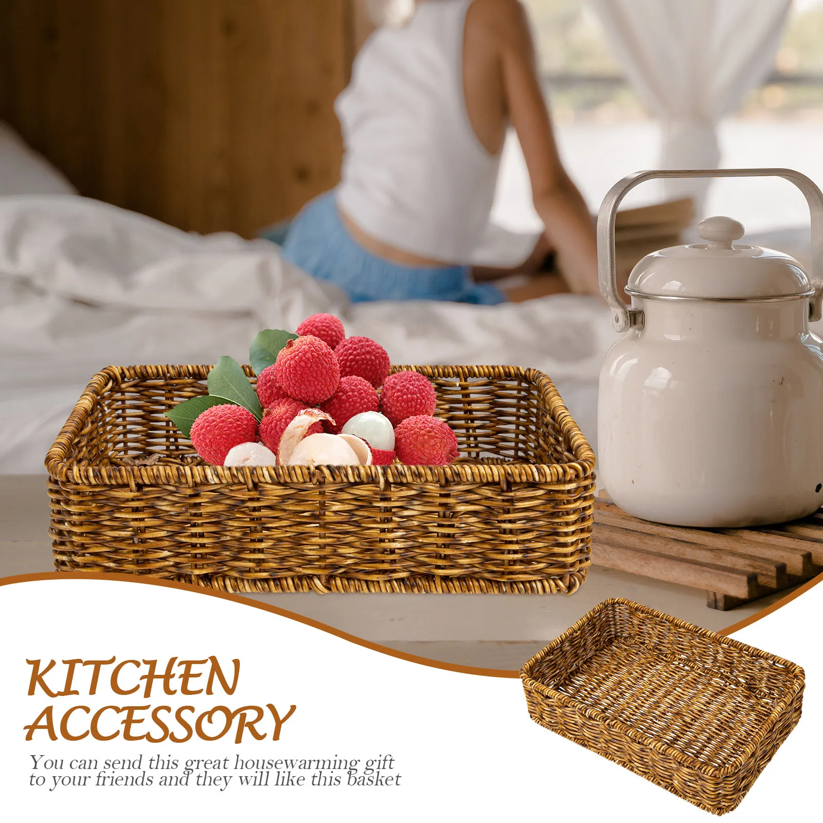 

Woven Storage Basket 26x17x6.5cm Deep Coffee Kitchen Cutlery ganizer Plastic Fruit Snack Bread Condiment