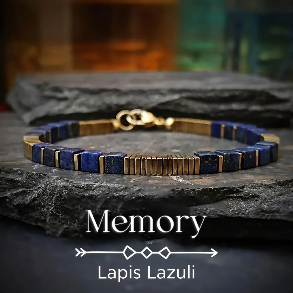 2026 New Natural Lapis Lazuli Square Tube Bead Bracelet Gold Metal Flat Spacer Lobster Clasp Dainty Stackable Wrist Jewelry Gift