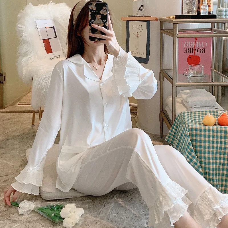 Silk Pajama Set Women Flare Sleeve Soft Home Clothes 2 Piece Set Palace Wind Pure Color Long Sleeve Trousers Sleepwear Suit L506