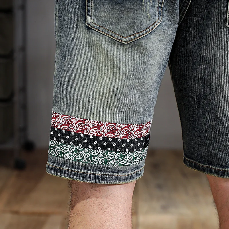 Denim Shorts Men's Summer Trendy Ripped Straight Ins Fashion Embroidered Printed Middle Pants Scrape Distressed Casual Shorts