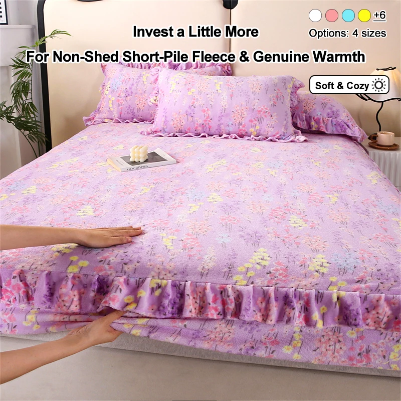 Fleece Fitted Sheet, Non‑Shed Short‑Pile Plush Bed Sheet with Ruffle Fringe, Soft Cozy Warm Floral Printed Flannel Bed Cover