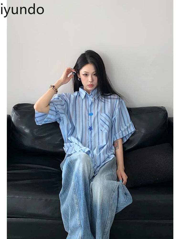 

Plus Size Women's Blue Striped Oversized Blouse Summer Beach American Style Casual Trench Outerwear Trendy Chemise Femme