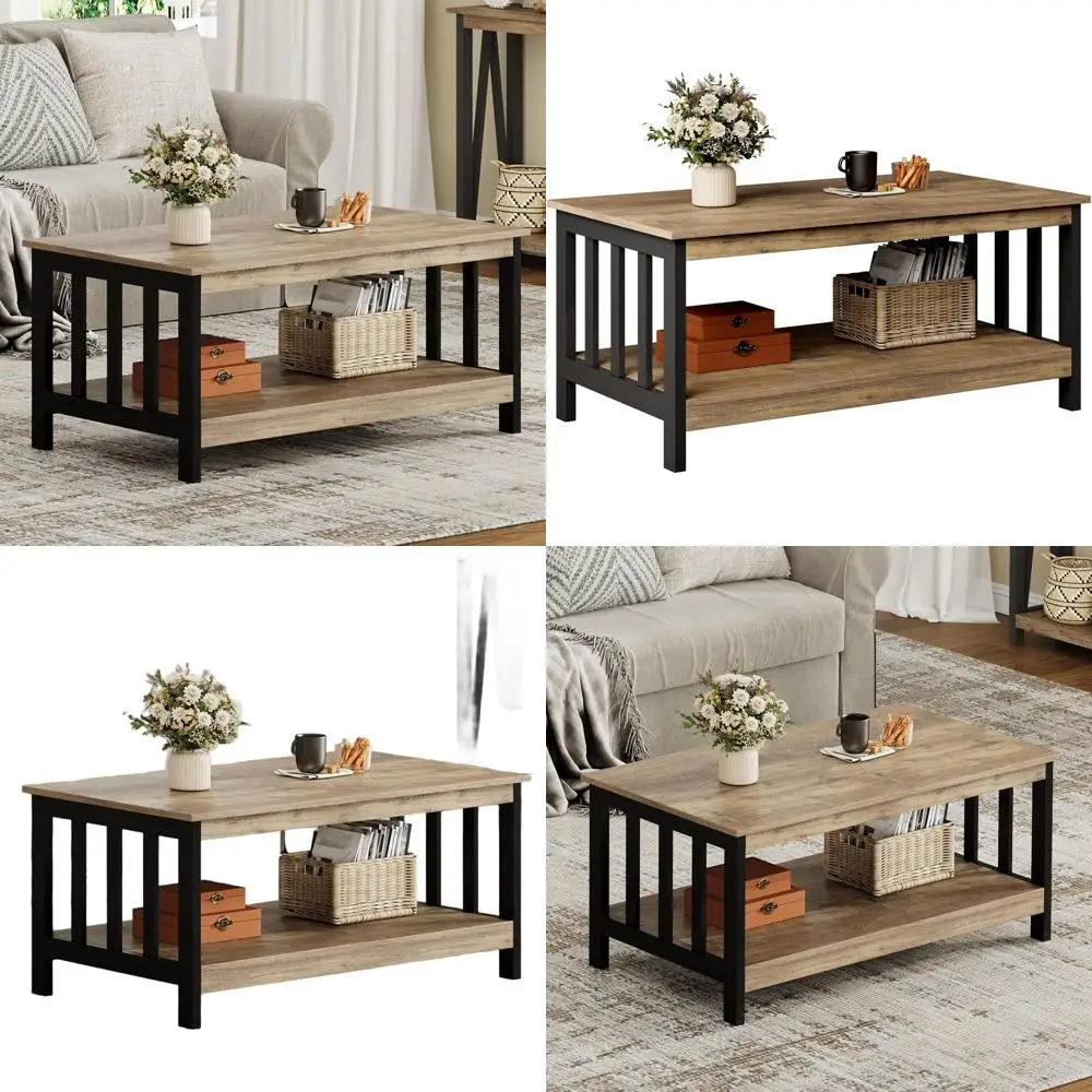 

Rustic Oak and Black Farmhouse Living Room Table with Shelf, 40 Inches