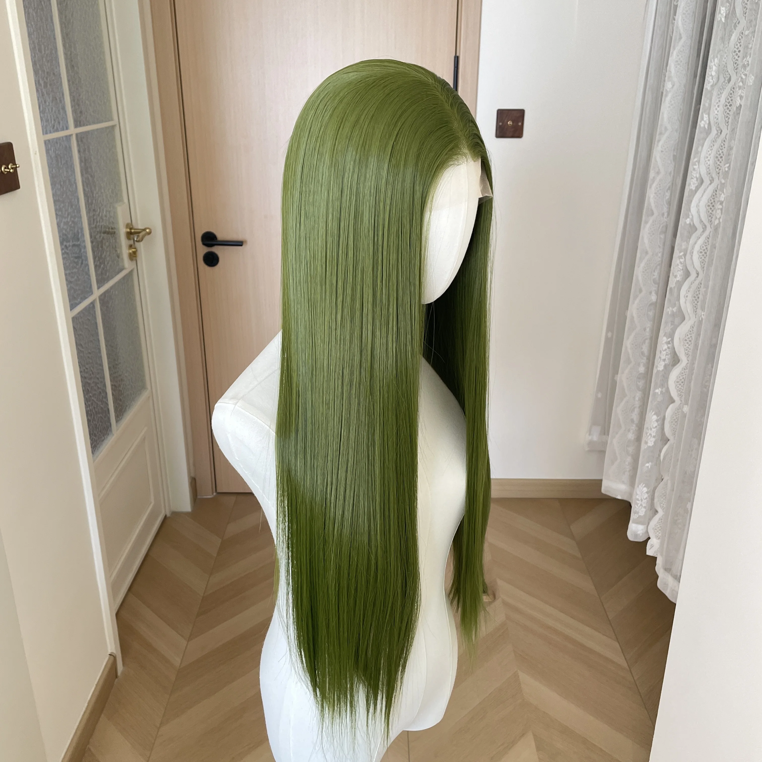 Natural Hairline Long Silky Straight Wig for Women 13x4 Synthetic Lace Front Wig Grass Green  26 Inch Fashion Glueless Wig 150%
