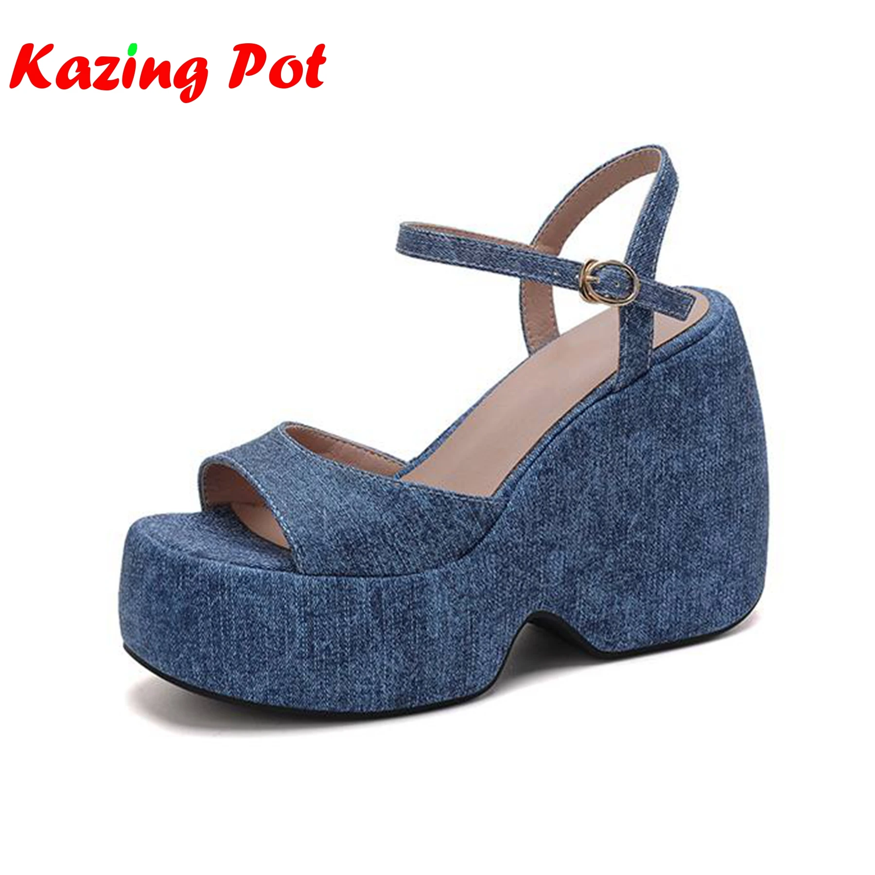 

Krazing Pot New Cotton Fabric Peep Toe High Heels Elegant Blue Grey Summer Shoes Platform Waterproof Modern Buckle Women Sandals