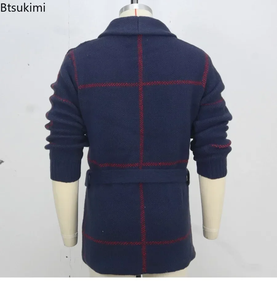 Men Sweaters Vintage Striped Thicken Knitted Buttons Lace-up Cardigan Sweaters Fashion Jacquard Mid-length Sweater Coats for Men