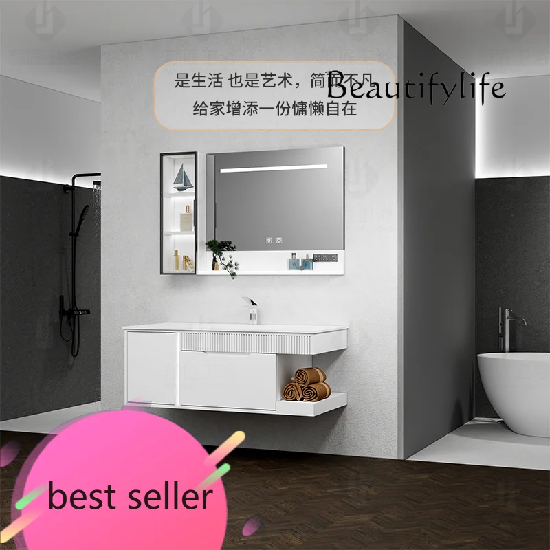 

НОВЫЙ шкаф для ванной комнаты с краской из цельного дерева, каменная плита, горячий изгиб, встроенная раковина, унитаз, умывальник, французский кремовый ветер