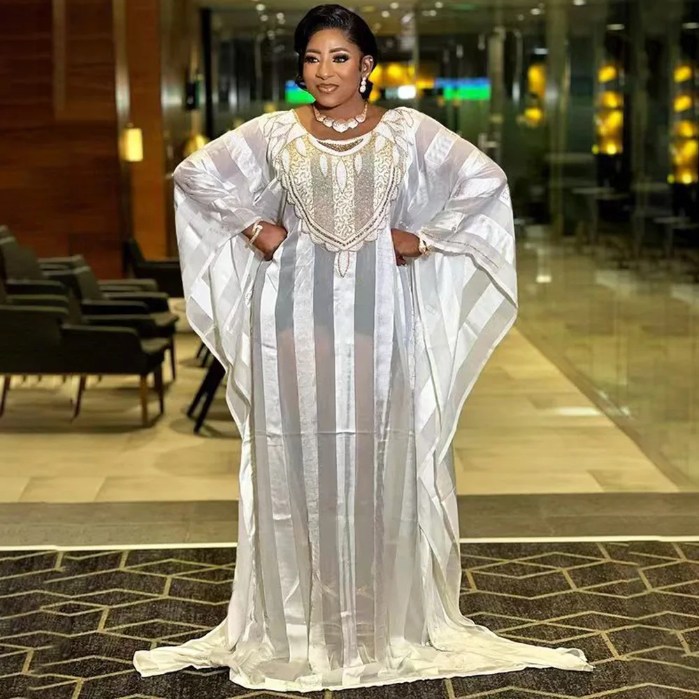 African Dresses for Women Diamonds White Chiffon Loose Maxi Dress Ramadan Dubai Abaya Dashiki Africa Clothing Boubou Robe Kaftan