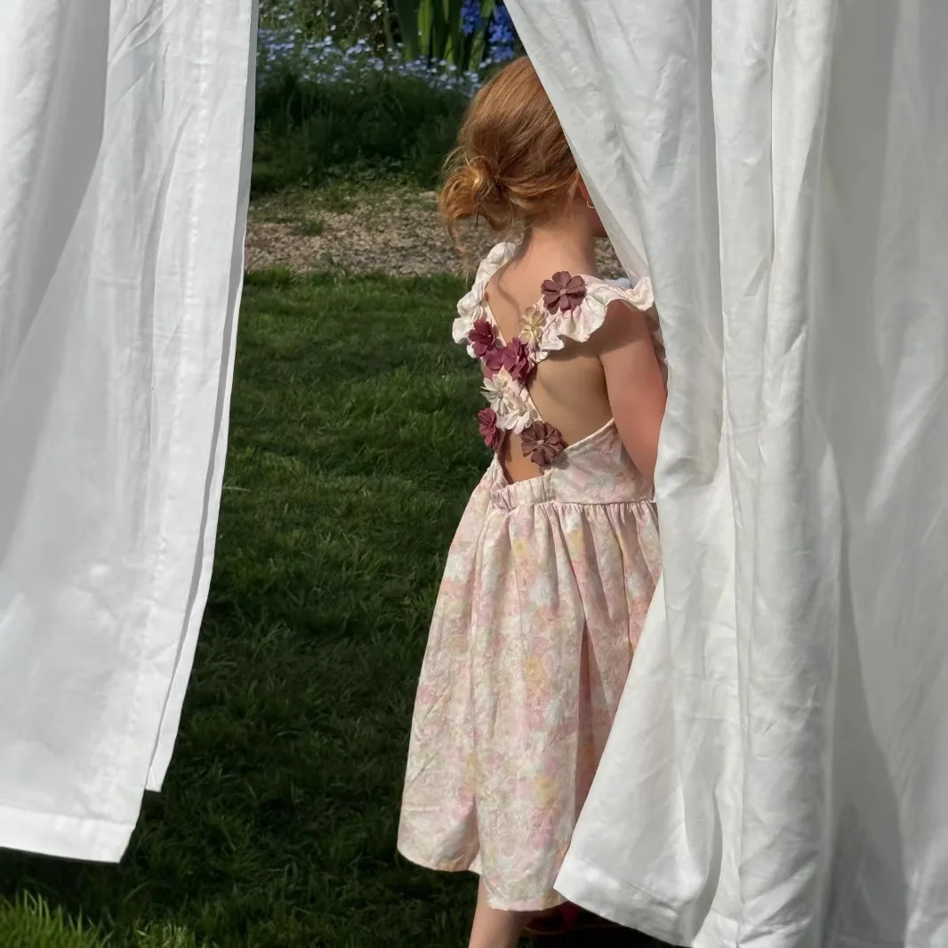 2026 Summer New Girls Retro Countryside Style Sleeveless Backless Dress Girls Floral Skirt