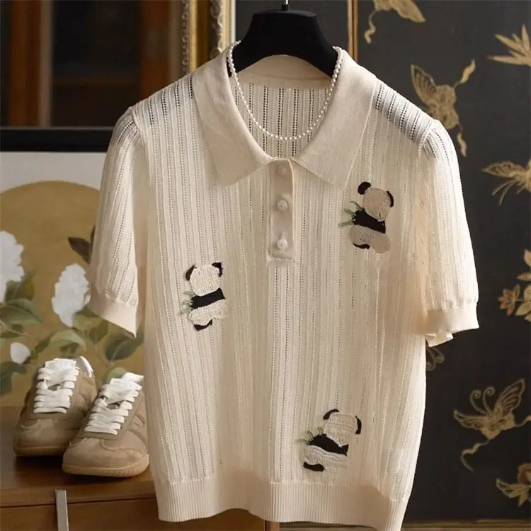Summer Fashionable Age-reducing Panda Vertical Strip Hollow Texture Polo Lapel Sweater Top