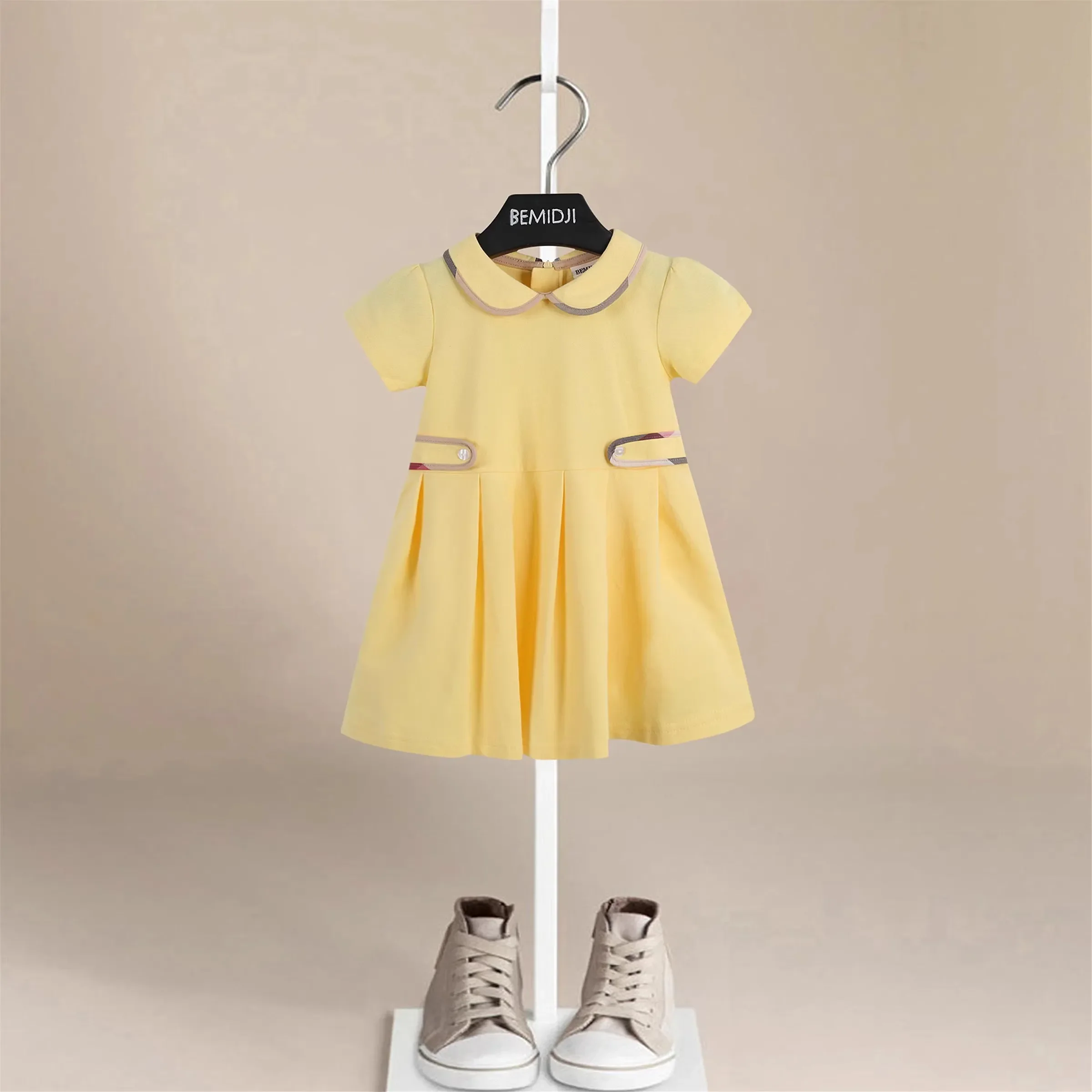 Female Child Clothes Fashion Girls Dresses Birthday Pink School Style Summer Dress Turndown Collar Kids Cotton A-line Skirt