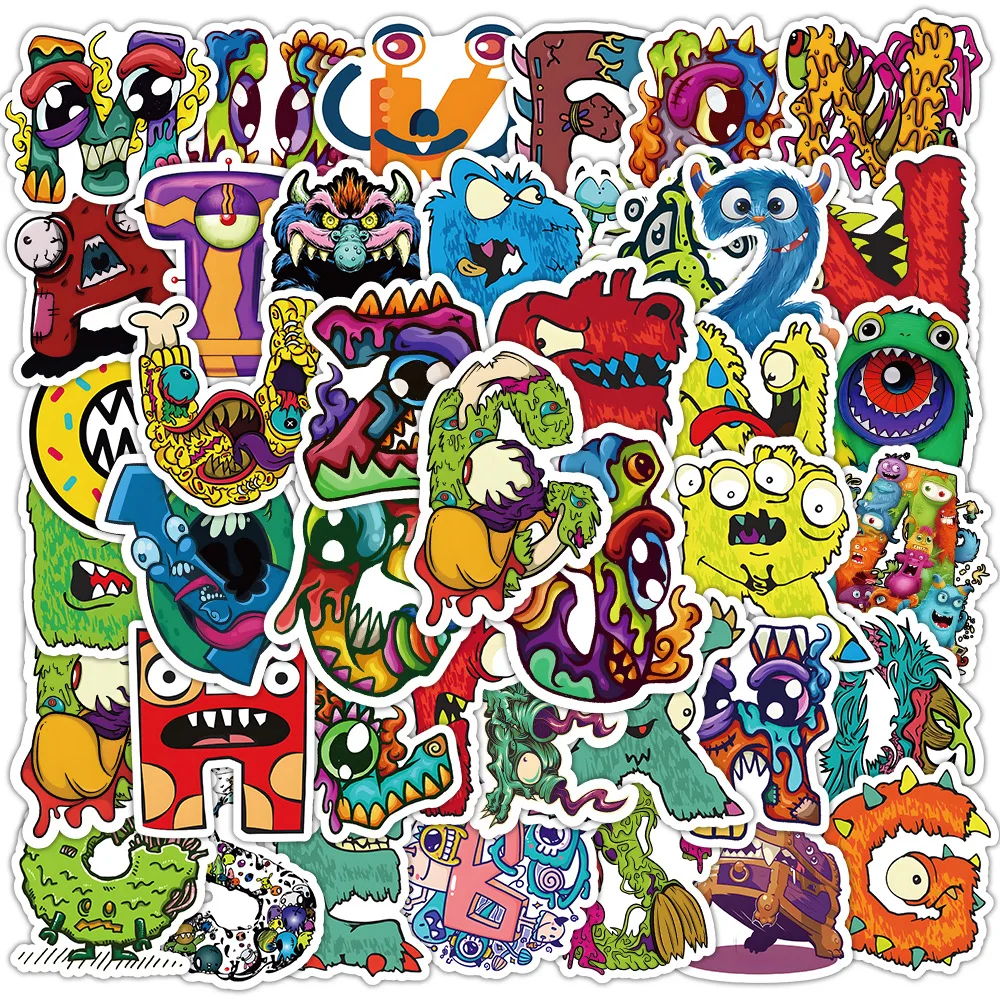 

50pcs Cute Letter Monster Phone Stickers Animal Graffiti Decorations Phone Cases Skateboard Guitar Bottles Waterproof Stickers