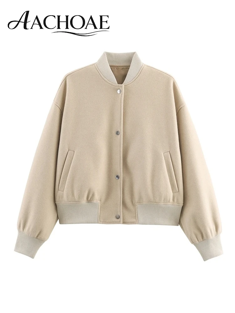 AACHOAE Women's Bomber Jacket Snap Button Rib Knit Baseball Jacket Casual Loose Fall Winter Short Coat Outerwear