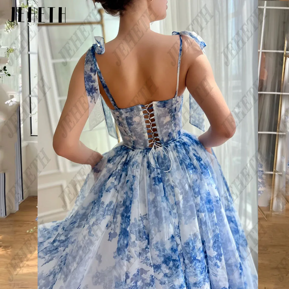 JEHETH Floral Print Prom Dresses 2024 Sweetheart Spaghetti Straps A-Line Lace Up Party Gown Tulle Ankle Length Vestidos De Festa