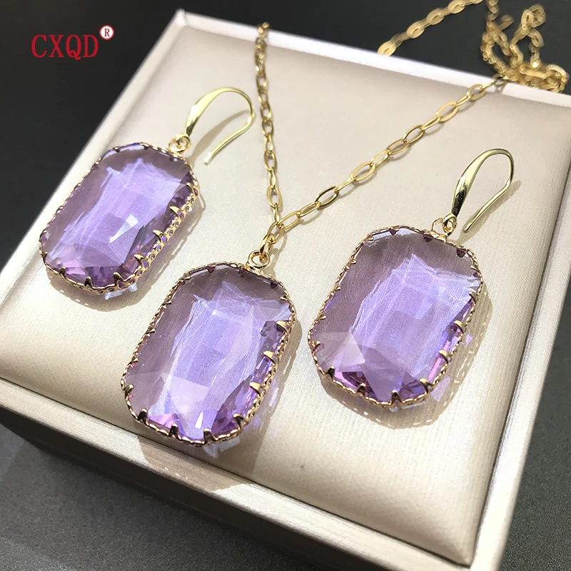 Stainless Steel Chain Large Multicolor Rectangle Clear Glass Pendant Necklace for Women Fashion Earrings Jewelry Accessories Set